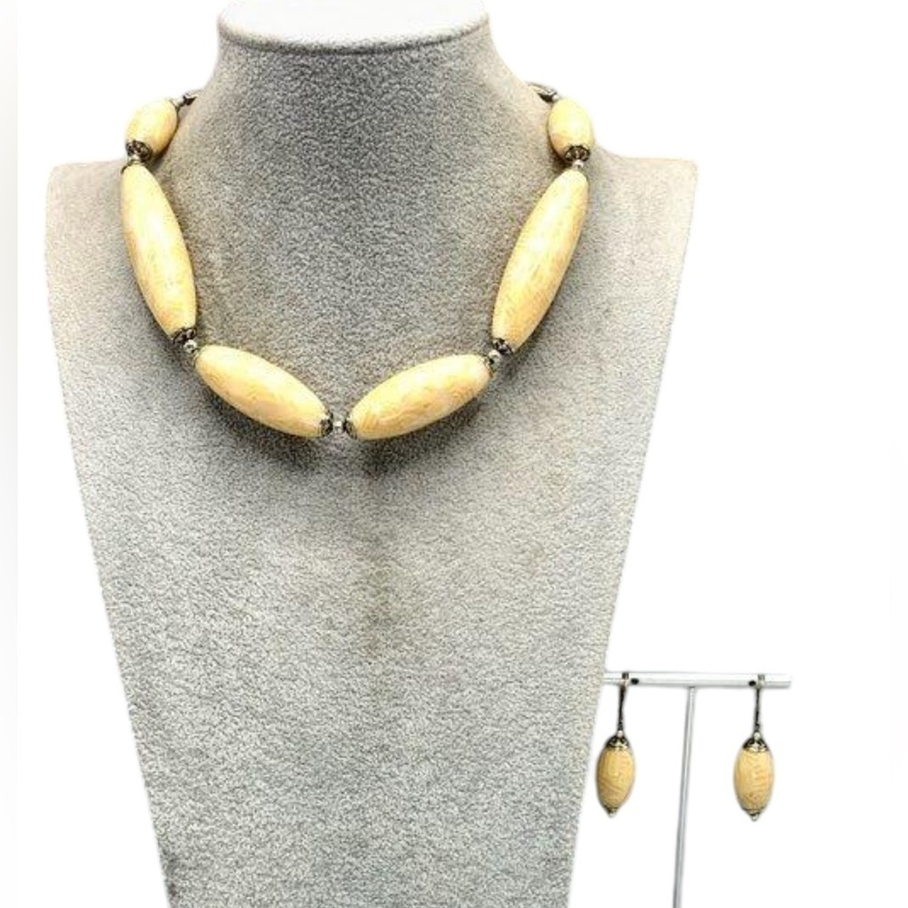 Brighton Necklace & Earrings Set Elongated Beads Silver Plated Signed Heart 0357